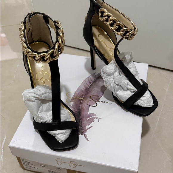 Jessica Simpson Black and Gold Chain Heels - Picture 2 of 6